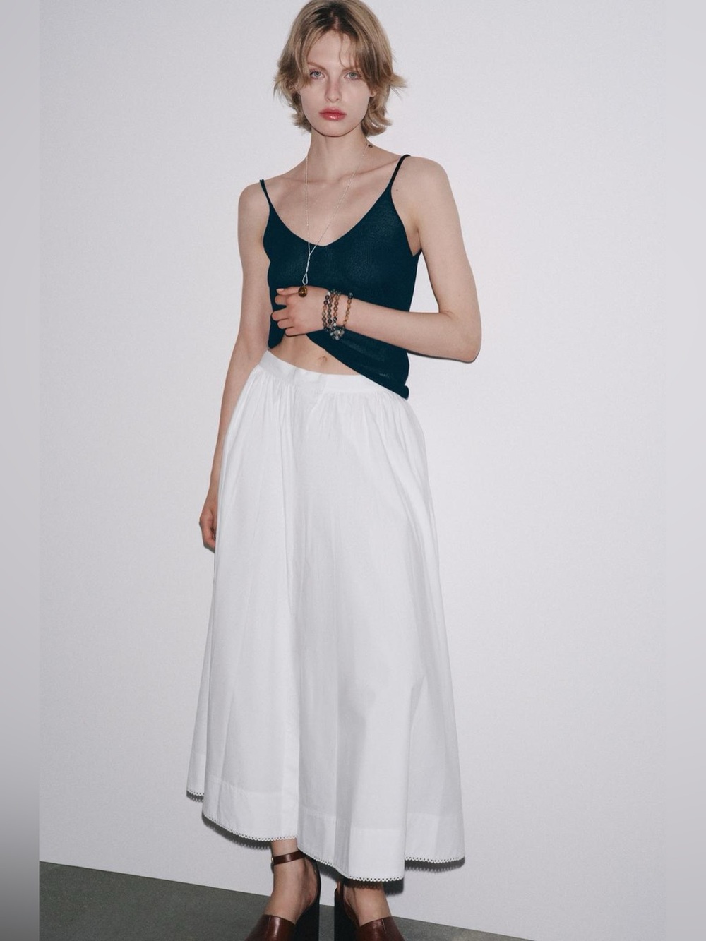 Zara White Cotton Poplin Full A-line Midi Skirt. Button Front. S NWT - Picture 3 of 13